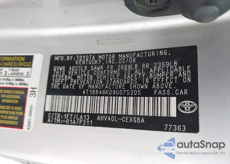 2009 Toyota Camry Hybrid from USA, damaged, VIN 4T1BB46K09U075205
